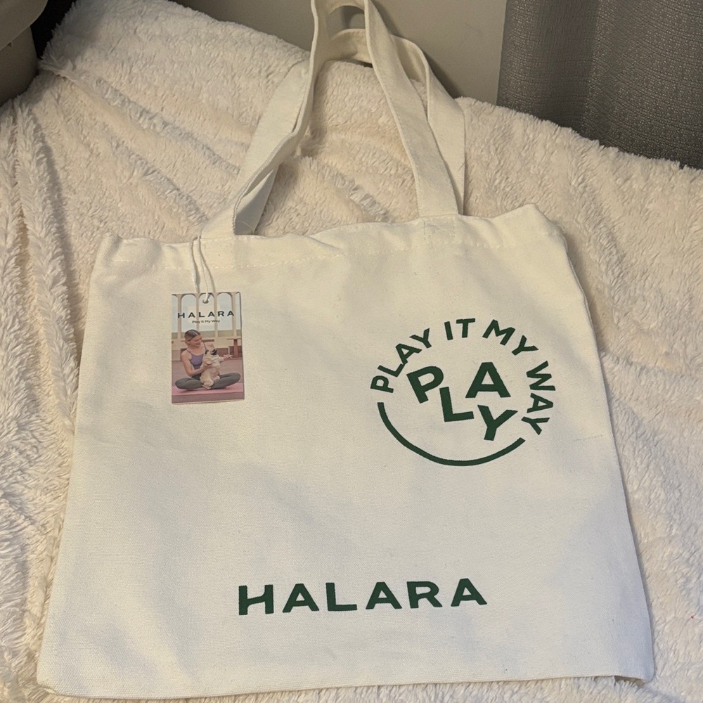 HALARA Cream Tote Bag with Green Print
